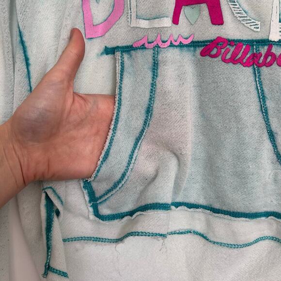 Billabong Pullover Graphic Hoodie Sweatshirt Women's Large Blue Pink Heart Y2K - Picture 5 of 10